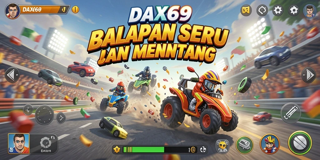Screenshot DAX69 menampilkan aksi balapan yang mendebarkan dengan kendaraan berkecepatan tinggi.