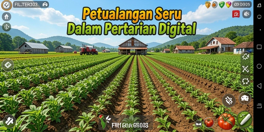 Screenshot gameplay FILTER303 menampilkan kebun yang rimbun dan tanaman beragam.