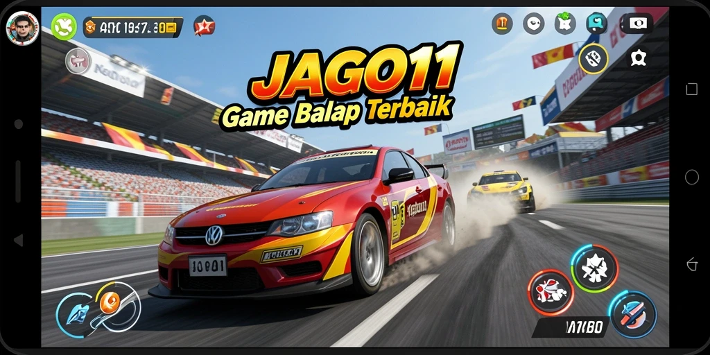 Screenshot JAGO11 menampilkan aksi balapan yang seru dan mendebarkan.
