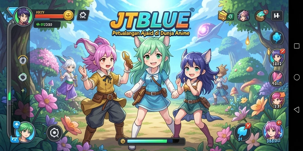 Tangkapan layar utama JTBLUE menampilkan aksi seru dalam dunia anime.