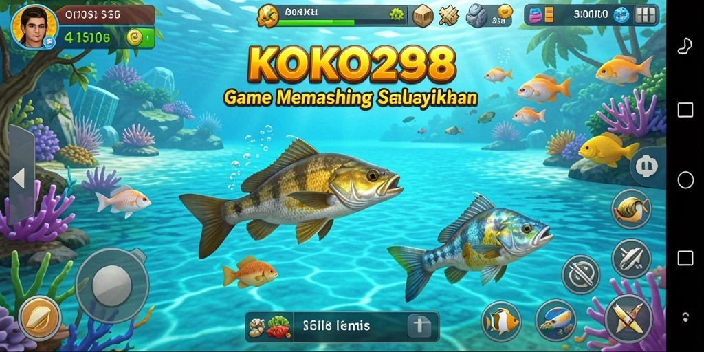 Screenshot KOKO288 menampilkan pemain menangkap ikan di lokasi yang indah.