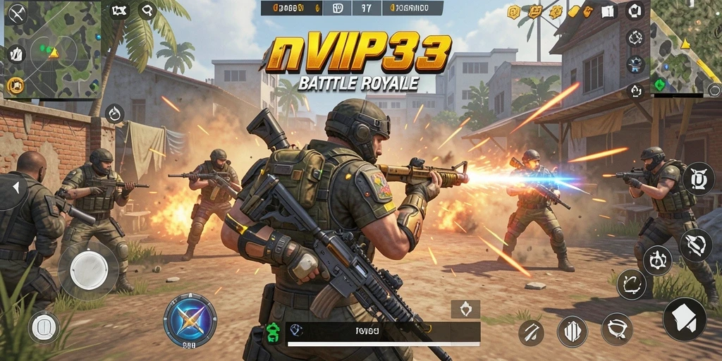 Screenshot RVIP3 menampilkan aksi intense di arena Battle Royale.