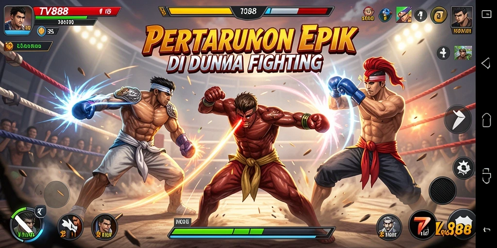 Tangkapan layar utama TV888 menampilkan pertarungan karakter yang intens.